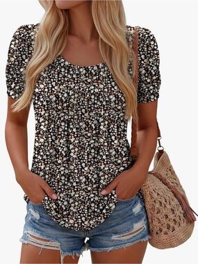 NWT Ficerd Puff Short Sleeve Boho Tunic Pleated Crew Neck Summer Blouse Top, L